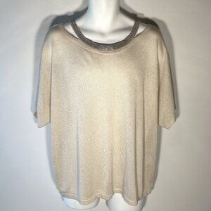 Chico's SZ 3 (XL) Ecru Color Boxy Top Sliver Chain Trim Minimalist Chic Modern